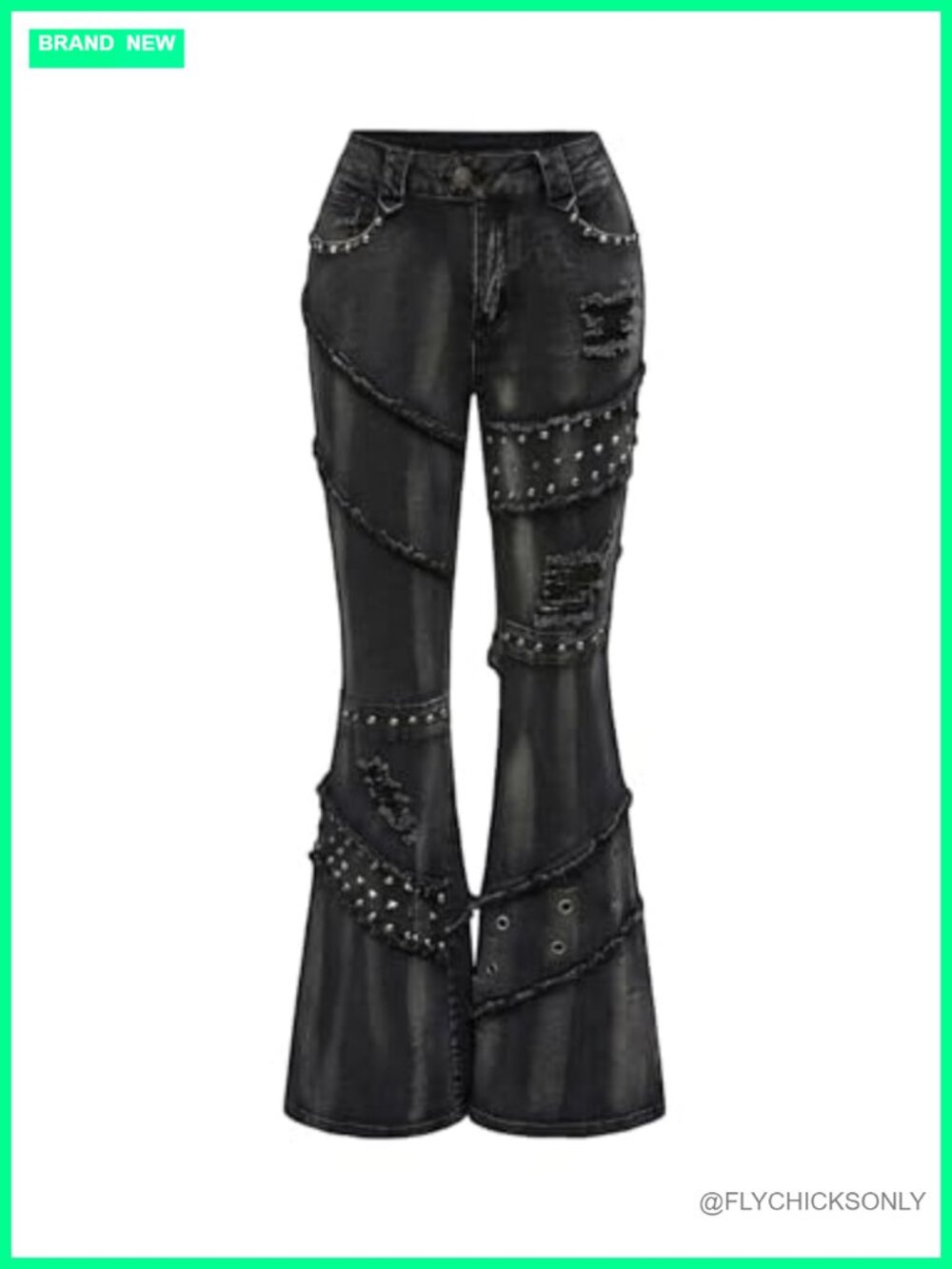 Women's Y2k Rivet Flare Ripped Low Rise Bell Bottom Denim Jeans